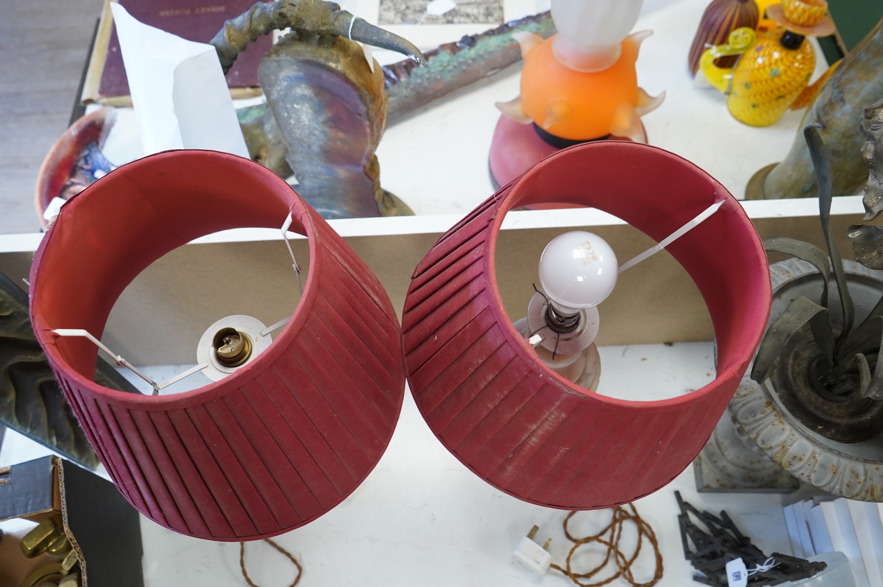 A pair of alabaster table lamps and shades, 56cm total